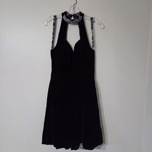 Vintage Black Velvet  And Rhinestone Halter Dress.  Size 9/10